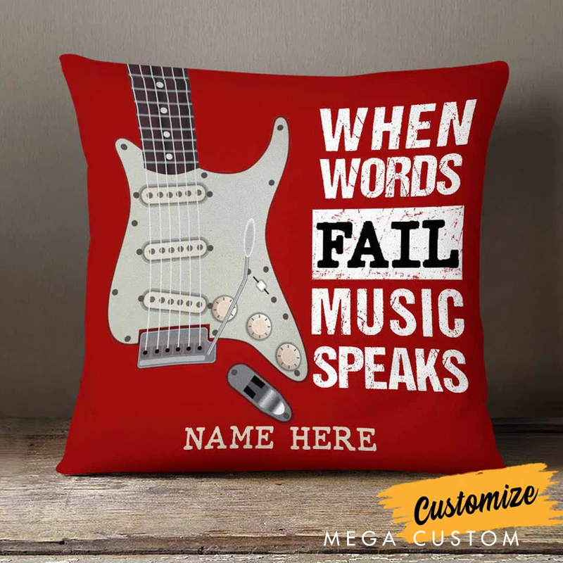 Personalized Name When Words Fail Music Speaks Guitar Pillow for Music Lover Guitar Lovers Custom Gift