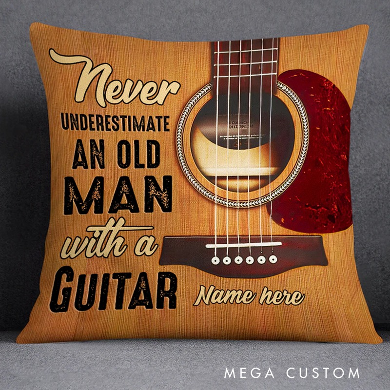Personalized Name Throw Pillow Never Underestimate an Old Man With a Guitar for Music Lover Guitar Lovers Custom Gift
