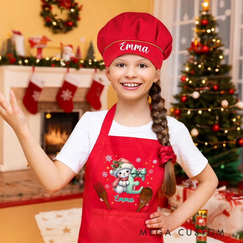 Personalized Cartoon Christmas Hat Snowman Initial Adjustable Kid Apron Chef Hat Set with Name and Pocket for Cooking Christmas Gift for Kids
