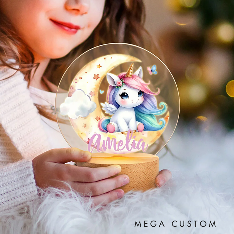 Personalized LED Night Light with Name Unicorn Baby Pattern Room Decoration with Wooden Base Christmas Birthday Baby Shower Gift for Girl