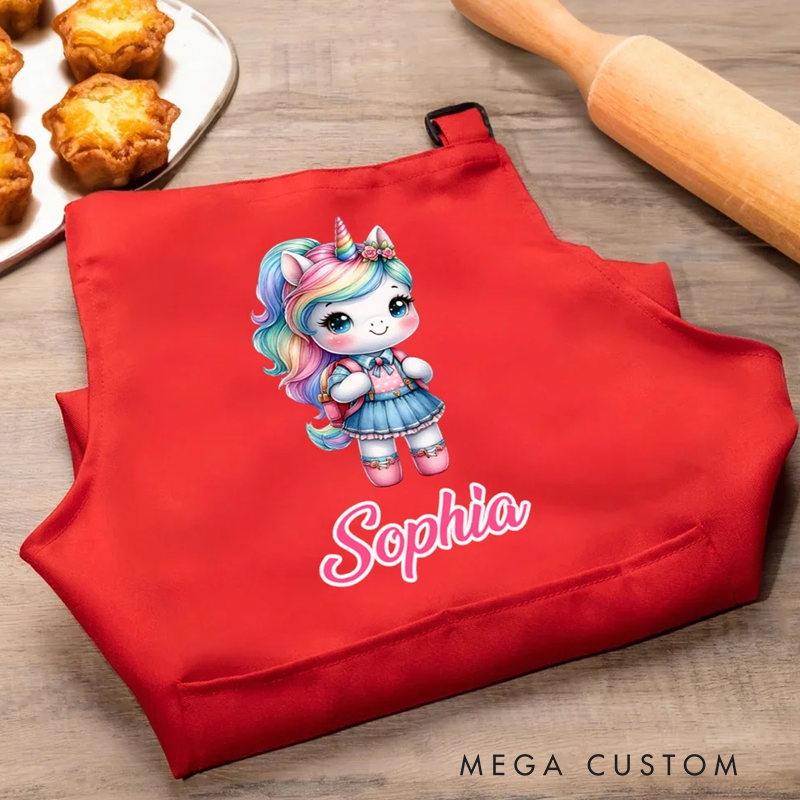 Personalized Fantasy Unicorn Dinosaur Adjustable Apron Chef Hat Set with Pocket and Name Cooking Baking Birthday Gift for Kids