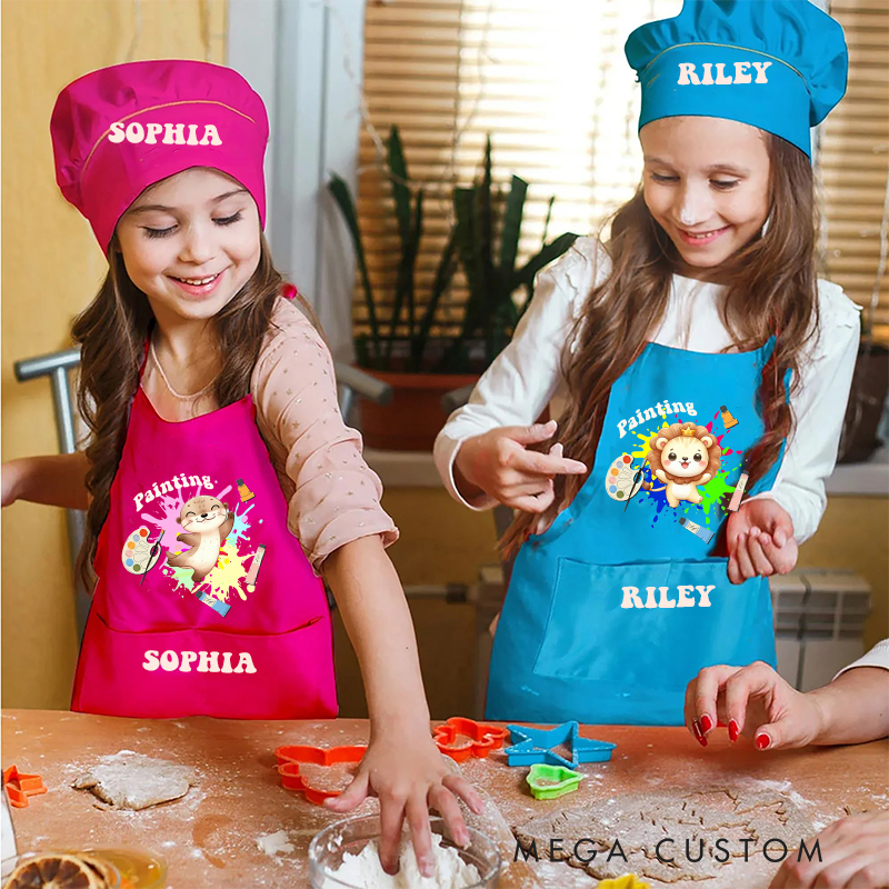 Personalized Cute Animal Kids Art Apron Fantasy Unicorn Kid Apron Chef Hat Set with Name Cooking Handcraft Activities Birthday Holiday Gift for Kids