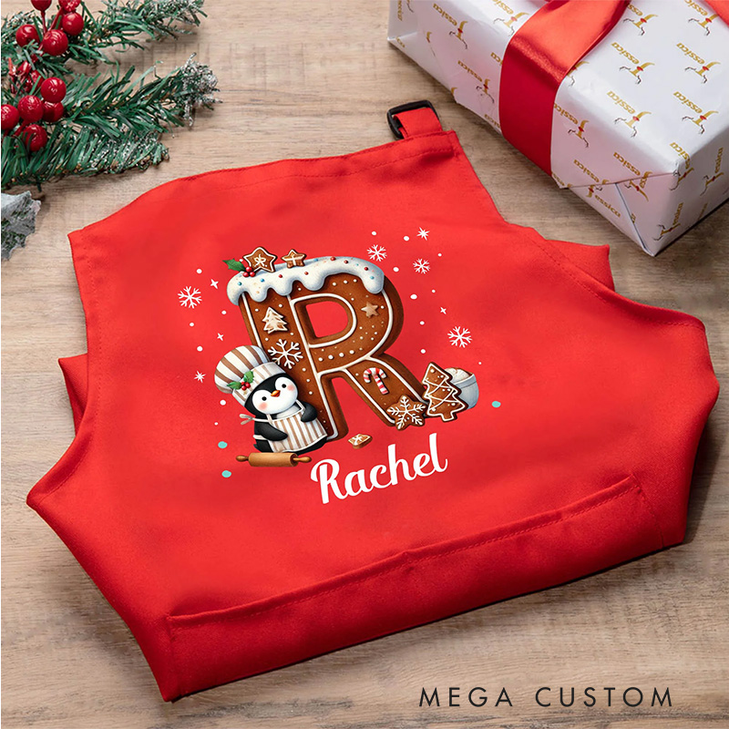 Personalized Cute Penguin Cookie Initial Adjustable Kid Apron Chef Hat Set with Pocket for Cooking Christmas Birthday Gift for Boys Girls