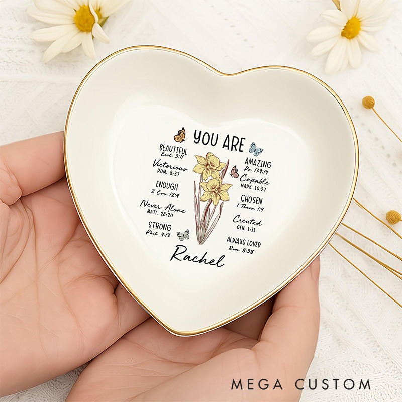 Personalized You are Birth Flower Ceramic Square Round Heart Ring Dish with Name Christian Jewelry Dish Bible Verse Ring Dish Gift for Her Faith Gift