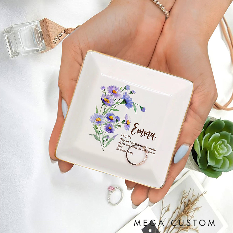 Personalized Bible Verse Watercolor Birth Flower Ceramic Ring Dish with Name Christian Floral Trinket Dish Faith Jewelry Dish Gift for Her