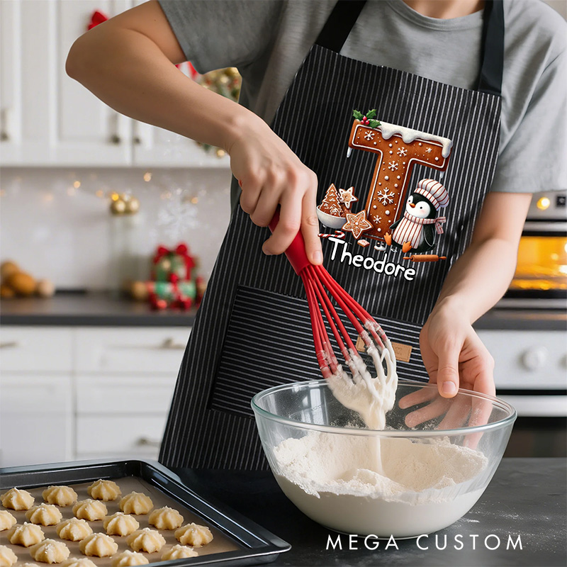 Personalized Christmas Penguin Biscuit Initial Kid Adult Baking Apron with Name and Front Pocket Birthday Christmas Gift for Kids Family