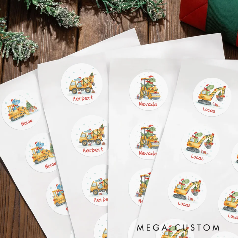 Personalized Cute Dinosaur Construction Vehicles Waterproof Stickers with Name Gift Decor Christmas Party Favors for Boys Dinosaur Lovers