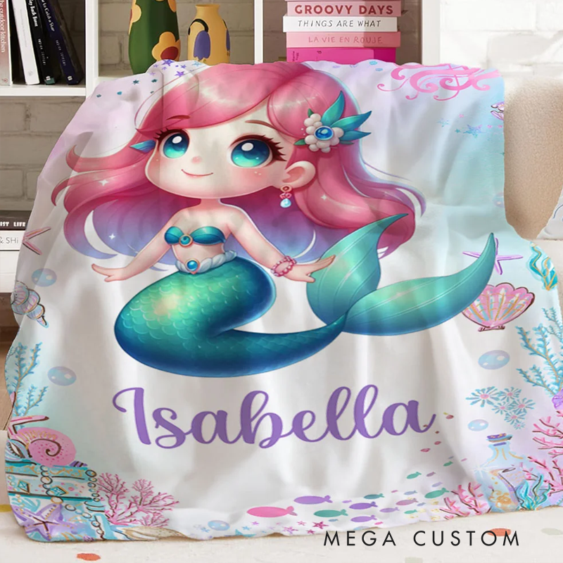Personalized Fantasy Mermaid Soft Throw Blanket with Name Home Decor Birthday Gift for Girls Mermaid Lovers