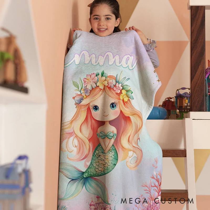 Personalized Fantasy Mermaid Princess Underwater World Soft Throw Blanket with Name Home Decor Birthday Gift for Girls