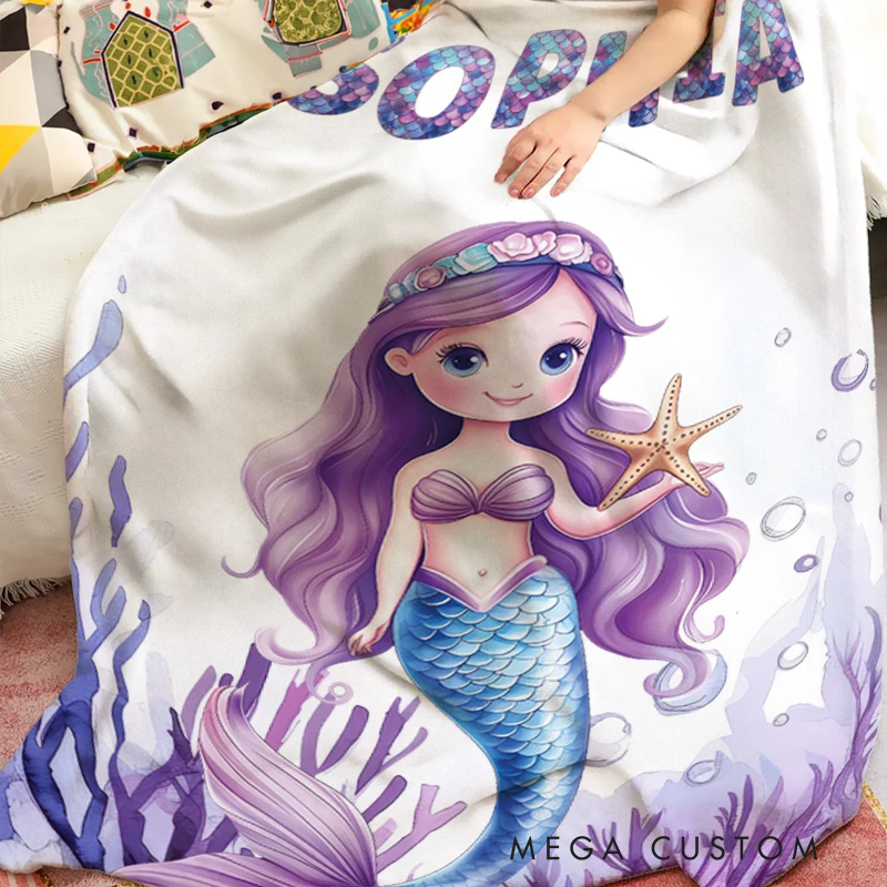 Personalized Fantasy Mermaid Underwater World Soft Throw Blanket with Name Home Decor Birthday Gift for Girls