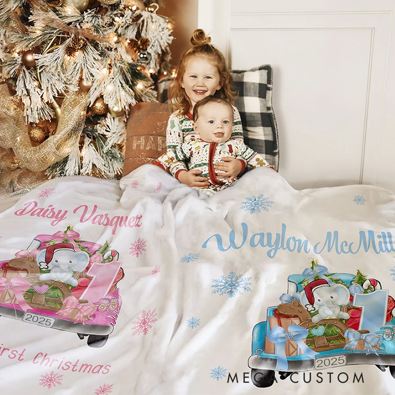 Personalized Baby's First Christmas Blanket Cute Animal on Gift Truck Sofa Blanket with Name Holiday Home Decoration Christmas Gift for Family Kid