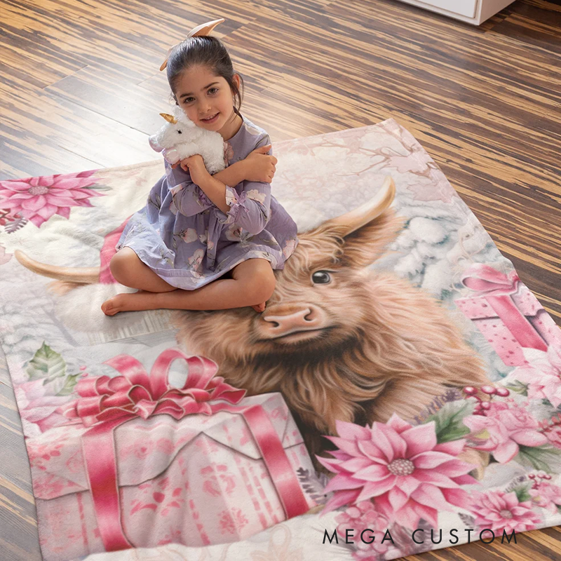 Personalized Pink Floral Highland Cow Blanket with Name Christmas Gift for Highland Cow Lover