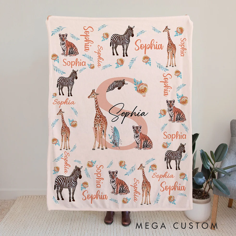 Personalized Cute Jungle Animal Soft Throw Blanket with Name Baby Shower Christmas Gift for Boys Girls