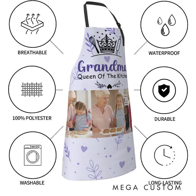 Personalized Crown Heart-Shaped Prints 3 Photos Waterproof Adjustable Apron with Name and Pockets Mother's Day Birthday Gift for Mom Grandma