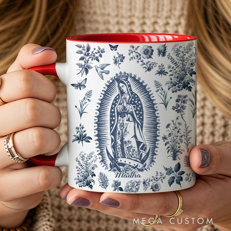 Personalized Our Lady of Guadalupe 11oz Ceramic Mug with Name French Toile Virgin Mary Catholic Mug Religious Marian Coffee Cup Catholic Gift