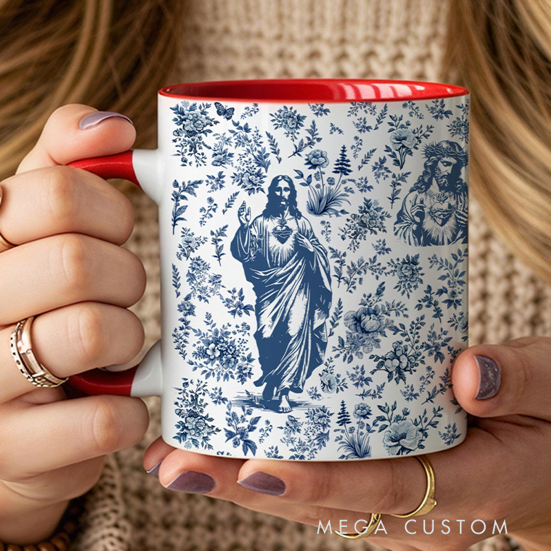 Personalized Sacred Heart of Jesus 11oz Ceramic Mug with Name Blue Toile Coffee Cup Christian Prayer Faith Tea Mug Catholic Gift for Mom or Grandma