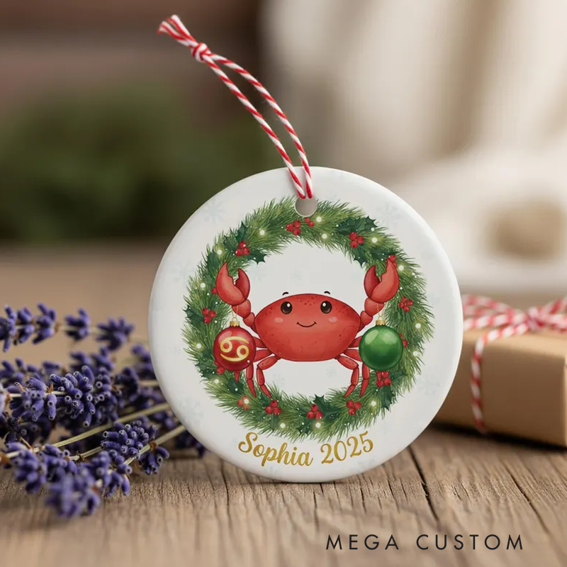 Personalized Cancer Christmas Ornament Ceramic Zodiac Crab Christmas Decoration Astrology Holiday Keepsake With Name Birthday Gift