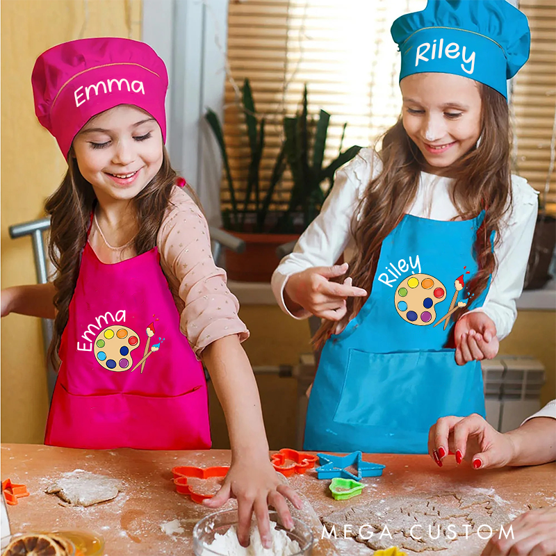 Personalized Colorful Palette Kids Art Apron Art Party Apron Chef Hat Set with Name Cooking Handcraft Activities Birthday Holiday Gift for Kids