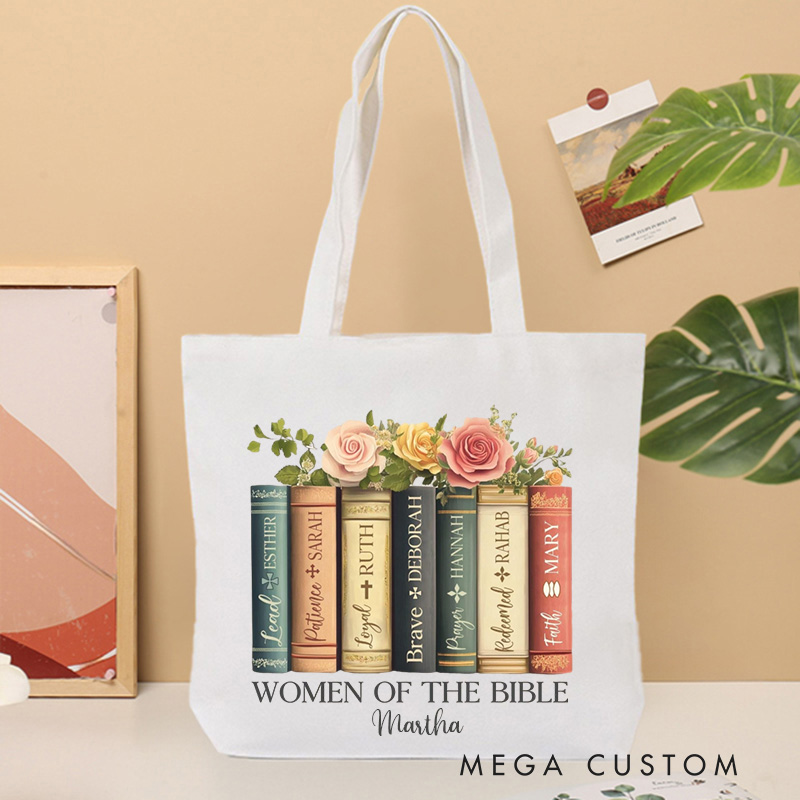 Personalized Women of the Bible Canvas Tote Bag with Name Church Bible Study Daily Use Floral Christian Book Tote Birthday Religious Gift for Women
