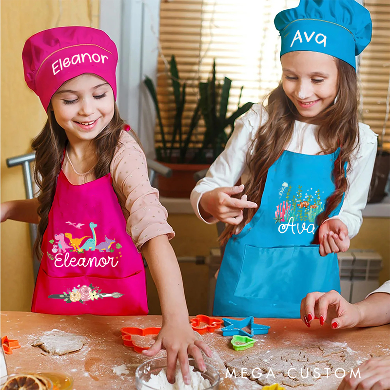 Personalized Dream Lands Kids Art Apron Art Party Apron Chef Hat Set with Name Cooking Handcraft Activities Birthday Holiday Gift for Kids