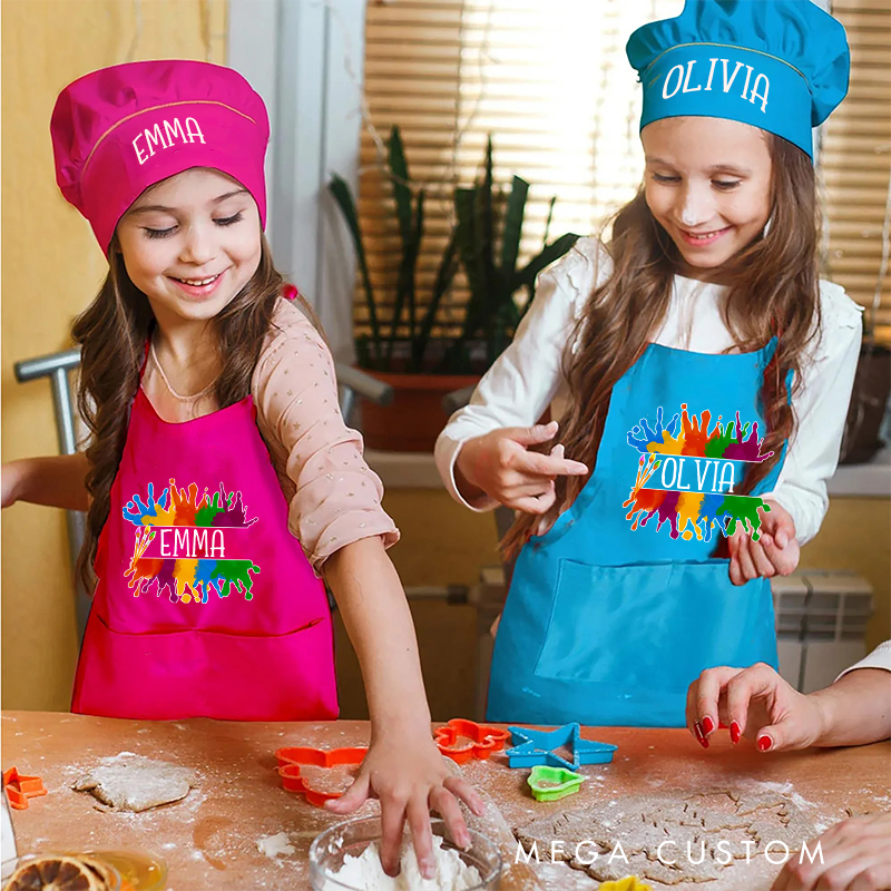 Personalized Vibrant Paint Splash Kids Art Apron Art Party Apron Chef Hat Set with Name Cooking Handcraft Activities Birthday Holiday Gift for Kids