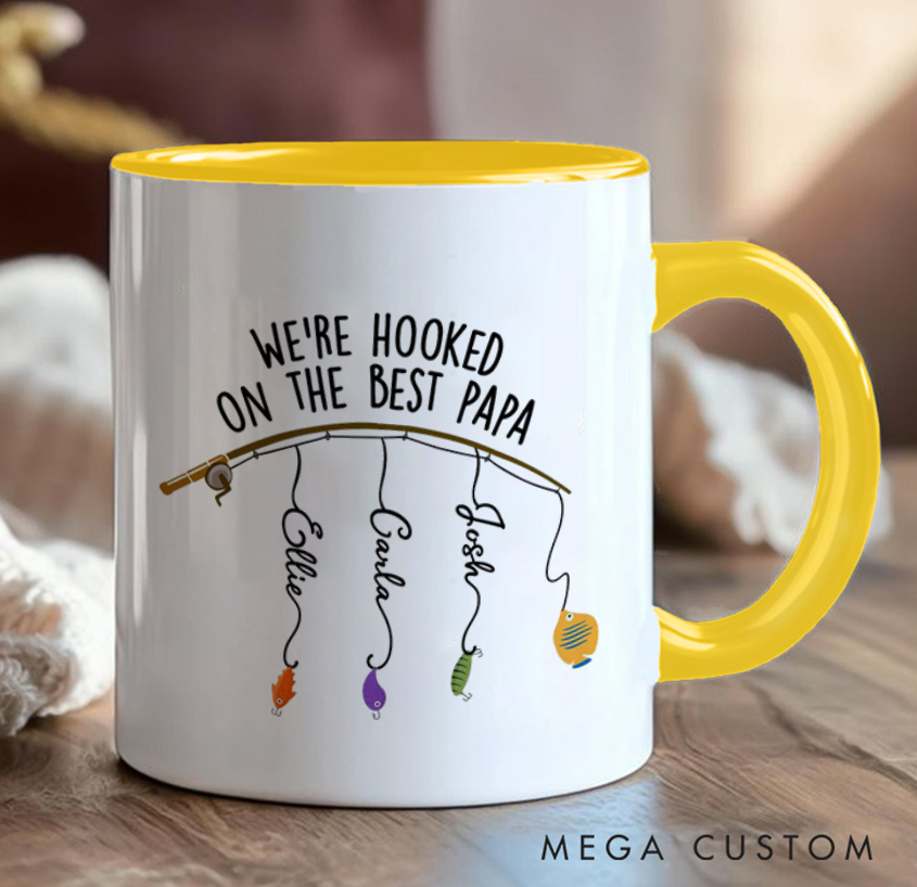 Personalized Fishing Themed Mug Hooked on the Best Mug Fathers Day Gift Cusrtom Kids' Names Perfect Gift for Dad Father’s Day or Birthday