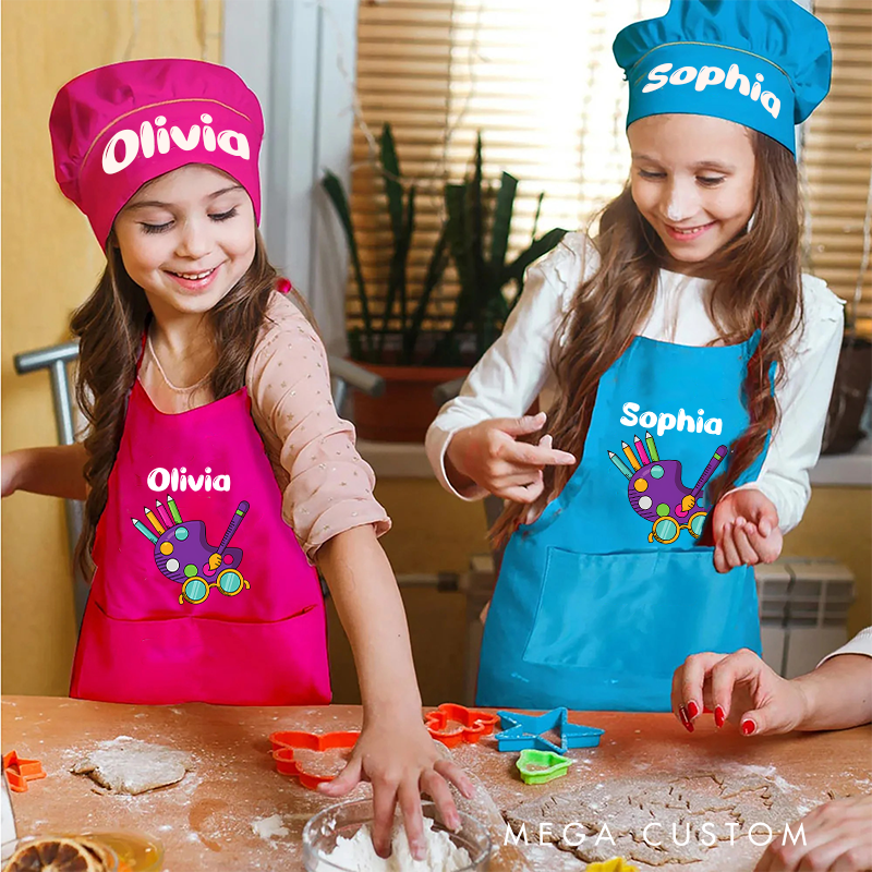 Personalized Art Palette Kids Art Apron Art Party Apron Chef Hat Set with Name Cooking Handcraft Activities Birthday Holiday Gift for Kids