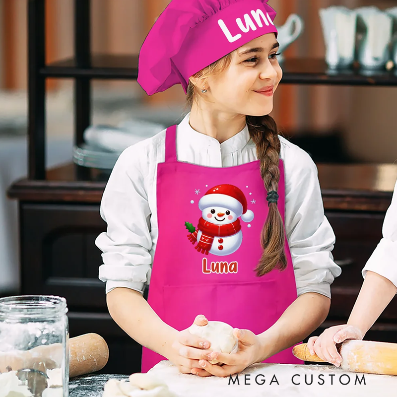 Personalized Cute Christmas Snowman Adjustable Kid Apron Chef Hat Set with Name and Pocket for Cooking Holiday Christmas Gift for Boys Girls