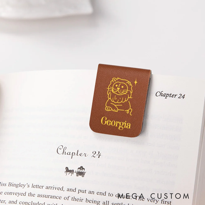 Personalized Hand-Drawn Style Zodiac Sign Magnetic Leather Bookmark Clip with Name Reading Stationary Supplies Birthday Gift for Book Lovers