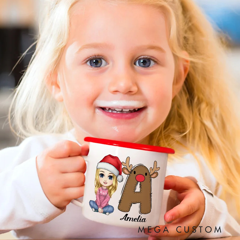 Personalized Santa Elf Reindeer Snowman Initial Cartoon 12oz Colored Rim Enamel Mug with Name Christmas Festival Gift for Kids Family