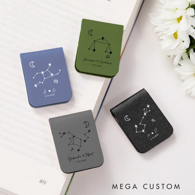 Personalized Zodiac Sign Design Magnetic Leather Bookmark Clip with Engraved Name and Initial Birthday Gift for Book Lovers Bookworm