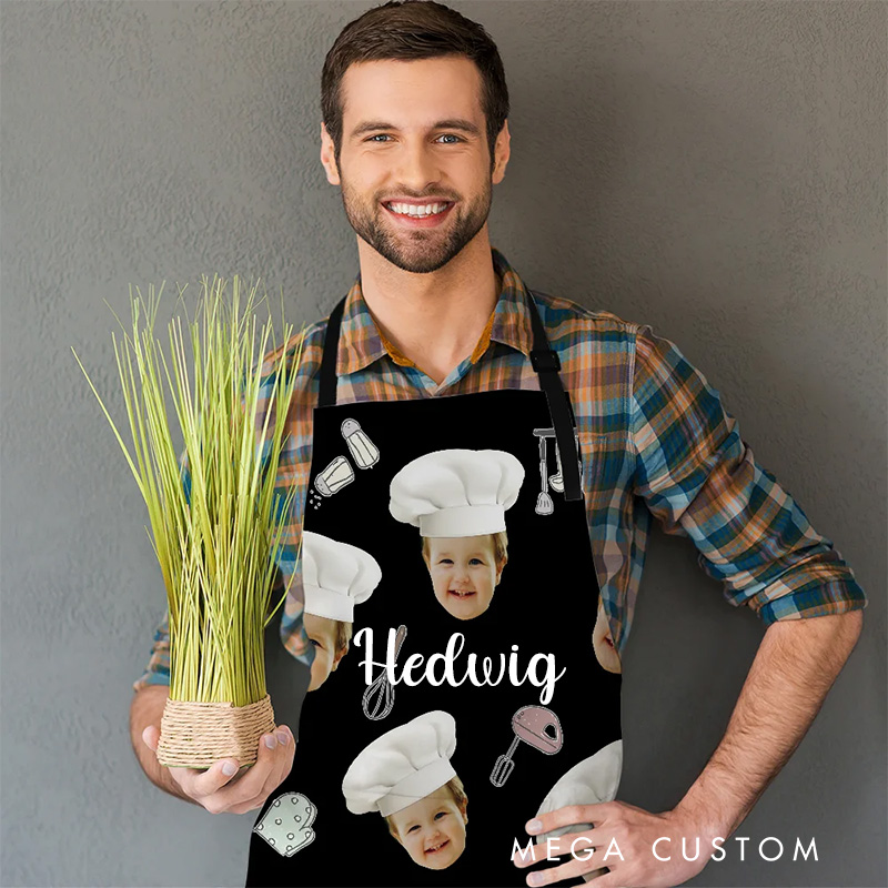 Personalized Cute 1-3 Chef Hat Photos Avatar Apron with Adjustable Neck Strap Baking Apron with Name for Family Baking Lover