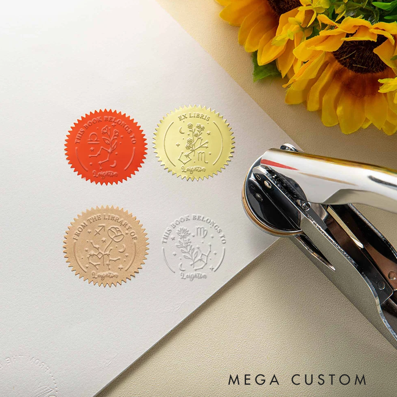 Personalized Zodiac Sign and Birth Flower Theme Book Embosser Stamp with Name Christmas Birthday Gift for Writer Librarian Book Lover