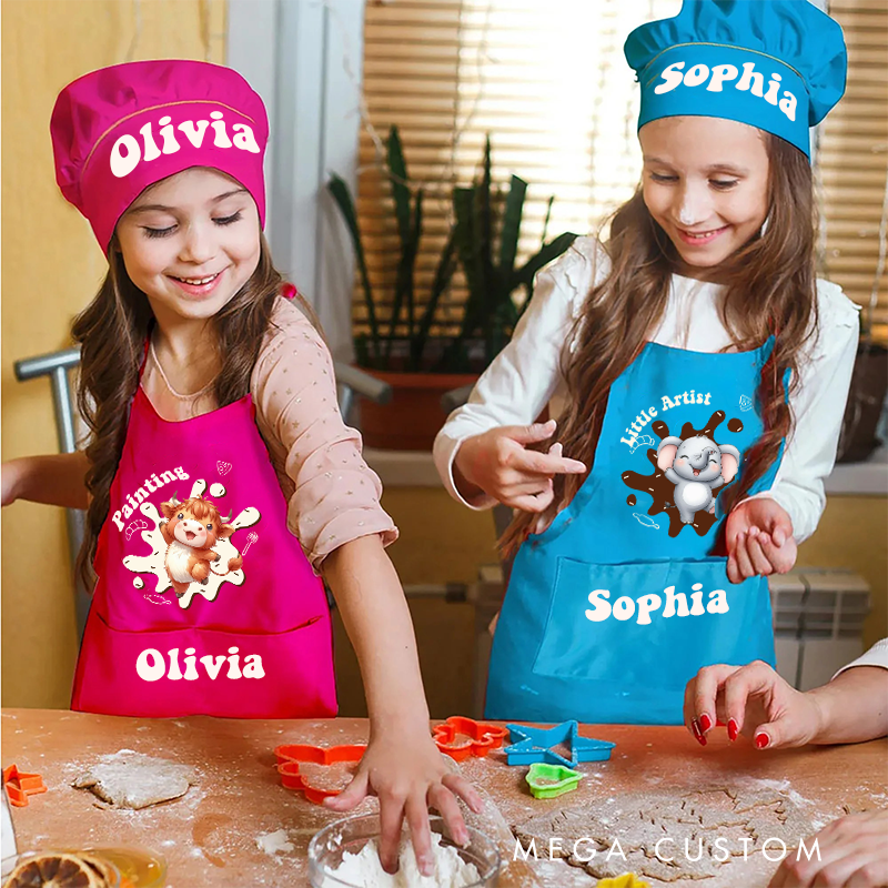 Personalized Cartoon Animal Kids Art Apron Fantasy Unicorn Kid Apron Hat Set with Name Cooking Handcraft Activities Birthday Holiday Gift for Kids