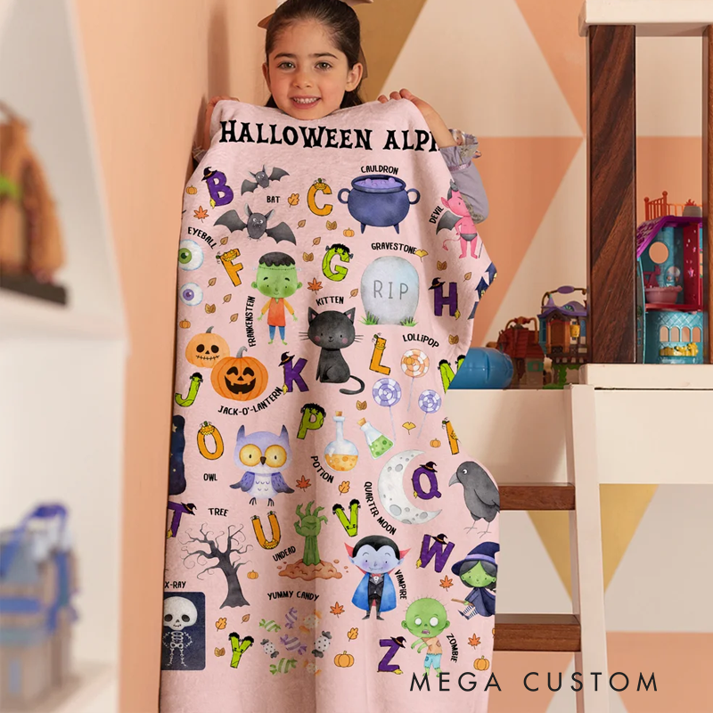 Personalized Funny Halloween Alphabet Soft Throw Blanket with Name Home Decor Educated Halloween Gift for Baby Toddlers
