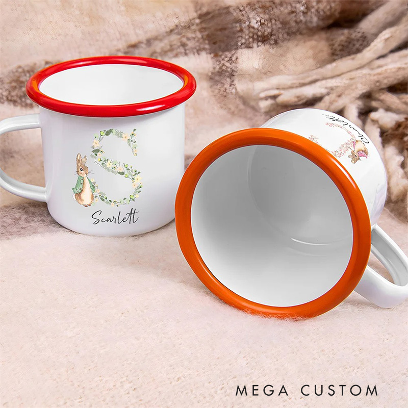 Personalized Flora Cute Rabbit Bunny Enamel Mug with Initial and Name Back to School Birthday Easter Gift for Kids