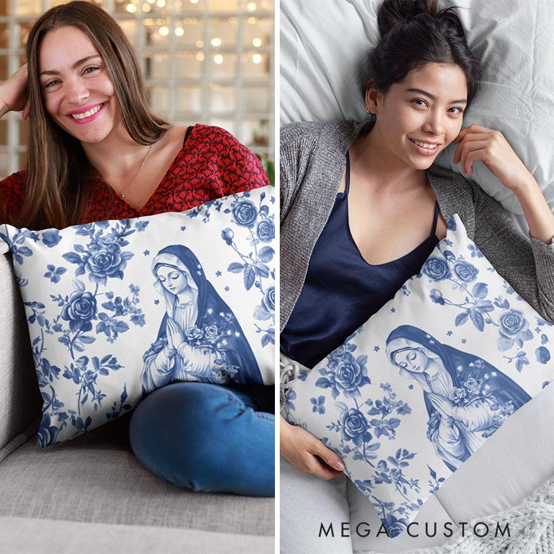 Personalized Virgin Mary Pillow with Name Religious Prayer Home Decor Blue Toile Style Catholic Lumbar Pillow Catholic Gifts for Women Mom