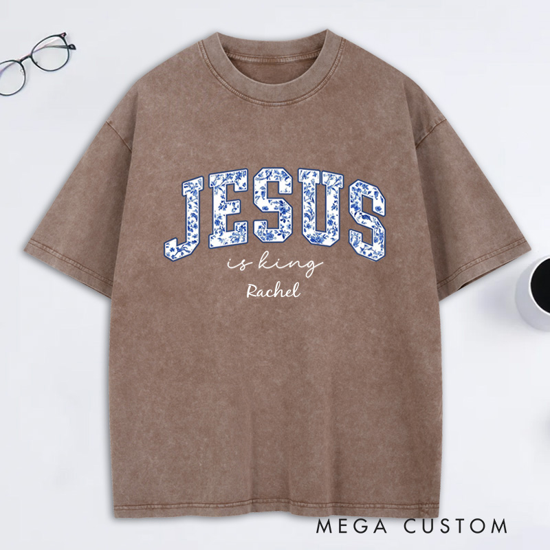 Personalized Jesus is King Toile Washed T-Shirt with Name Vintage Floral Christian Tee Religious Christian Gift