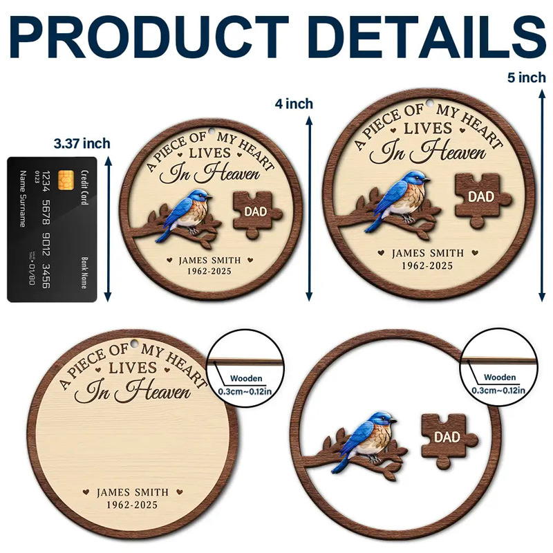 Personalized 2-Layered Wooden Ornament A Piece Of My Heart Lives In Heaven Sympathy Gift for Loss of Loved One