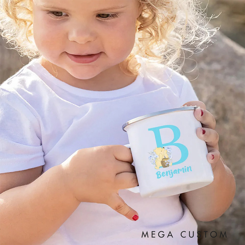Personalized Cute Classic Bear Enamel Mug with Initial and Name Back to School Birthday Easter Gift for Kids