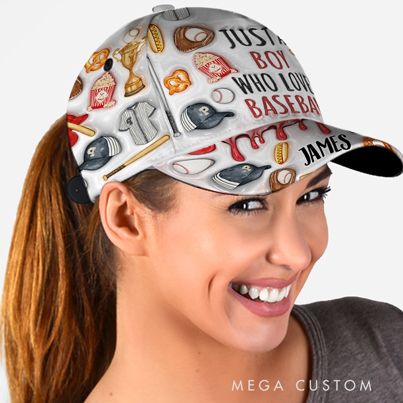 Personalized Baseball Cap with "Just a Boy Who Loves Baseball" Design and Custom Name