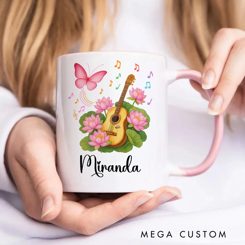 Personalized Guitar Birth Flower Butterfly Music Symbol 11 oz Ceramic Mug with Name Music Festivals Birthday Gift for Music Lovers