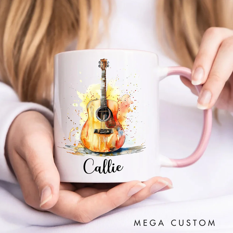 Personalized Colorful Splash Ink Guitar Theme 11oz Ceramic Mug with Name and Handle Birthday Gift for Guitar Players Lovers