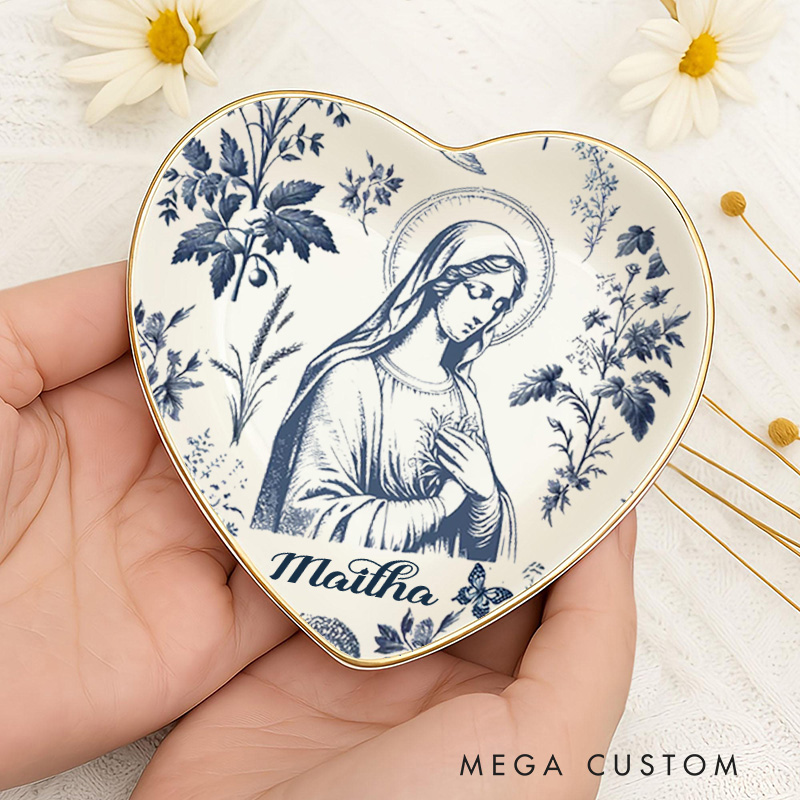 Personalized Catholic Virgin Mary Toile Ceramic Ring Dish with Name Our Lady Trinket Jewelry Dish Vintage Floral Marian Dish Christian Gift for Women