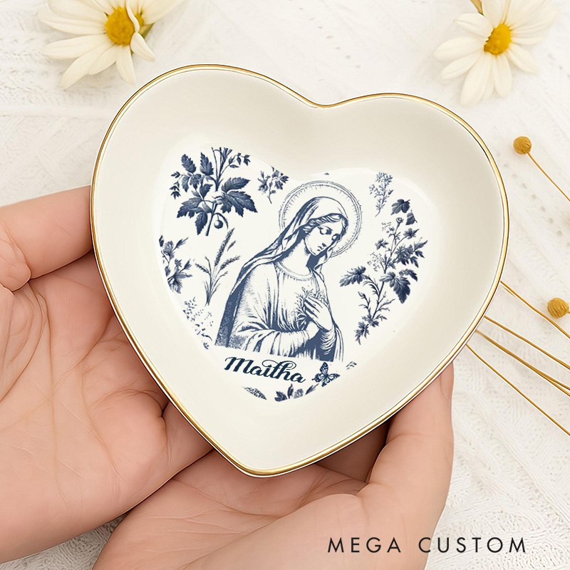 Personalized Catholic Virgin Mary Toile Ceramic Trinket Jewelry Dish with Name Our Lady Vintage Ring Dish Floral Marian Dish Christian Gift for Women