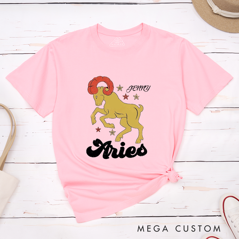 Personalized Classic T-Shirt Aries Zodiac Ram Custom Name Astrology Birthday Gift for Horoscope Lovers