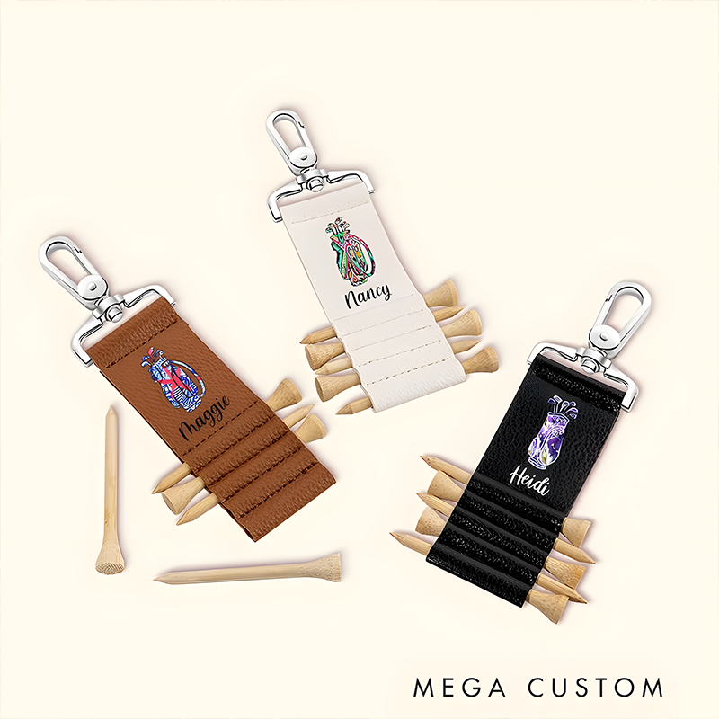 Personalized Golf Tee Holder Keychain with Custom Name and Colorful Golf Bag Design