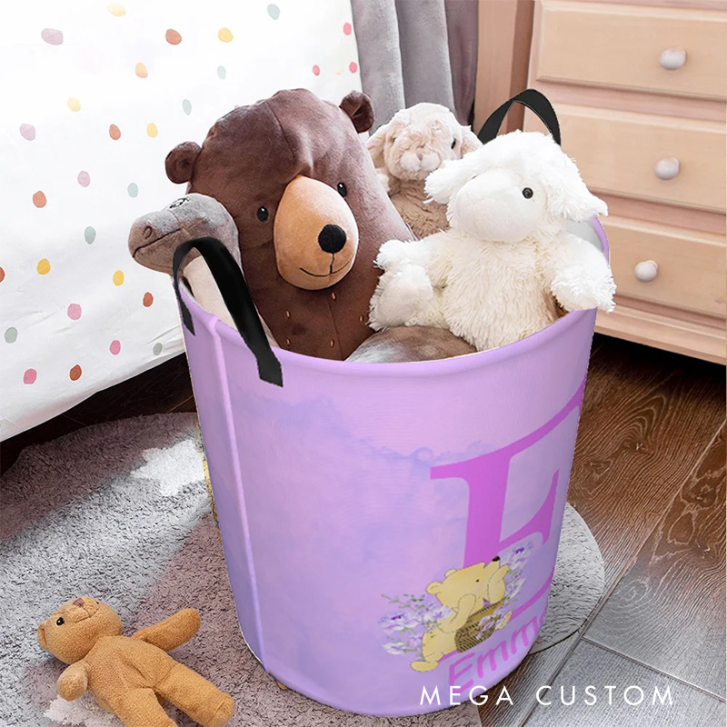 Personalized Cartoon Bear Initial Collapsible Storage Basket for Laundry Toys Organizer Cartoon Lover Gift for Kids