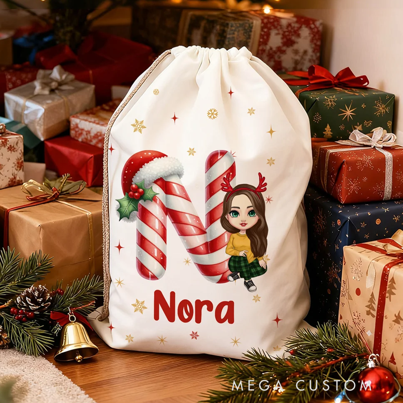 Personalized Santa Hat Initial Cartoon Character Canvas Drawstring Gift Bag with Name Christmas Gift