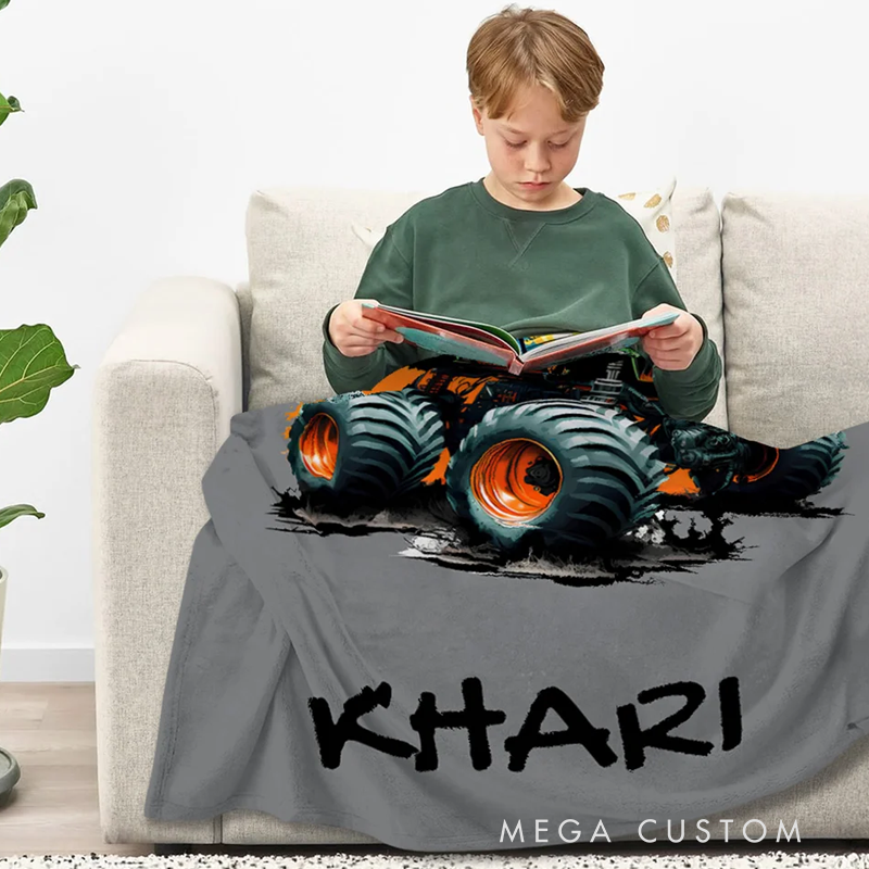 Personalized Big Wheel Off Road Truck Soft Throw Blanket with Name Home Decor Birthday Gift 
